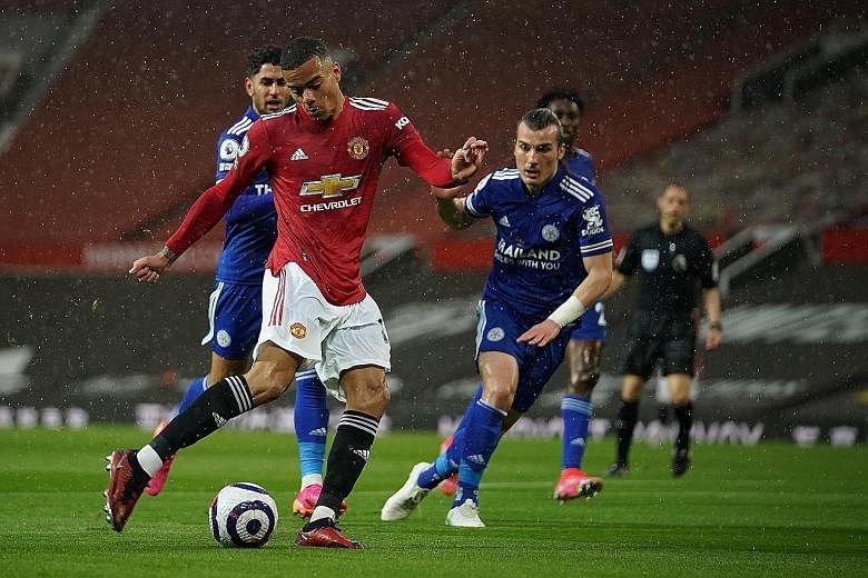 Manchester United forward Mason Greenwood scoring a goal, his second in two Premier League games, in the 2-1 loss to Leicester on Tuesday. PHOTO: EPA-EFE