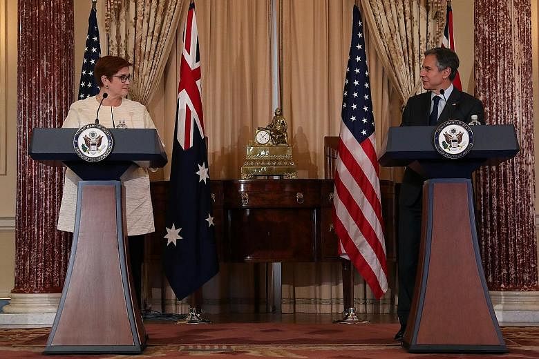 Australian Foreign Minister Marise Payne and US Secretary of State Antony Blinken at a joint press conference at the US State Department building in Washington on Thursday. "I reiterated that the United States will not leave Australia alone on the fi