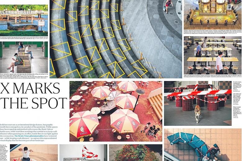 A series of photos of seating areas in malls, void decks and hawker centres during the pandemic (left) and an infographic on the hideout of suspected illegal immigrants here won honours from the Society for News Design.