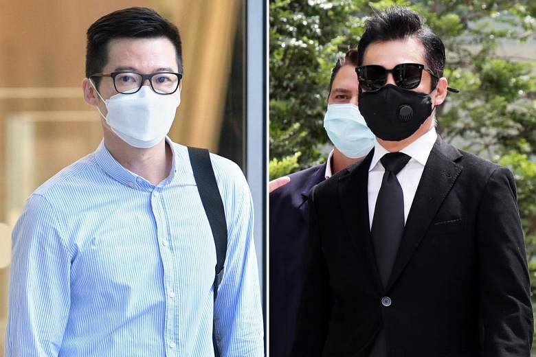 Lance Lim Chee Keong (far left), 50, pleaded guilty to an offence under the Covid-19 (Temporary Measures) Act. Lim was one of 12 guests who attended a gathering at actor Terence Cao Guohui's (left) home last October - more than the permitted limit un
