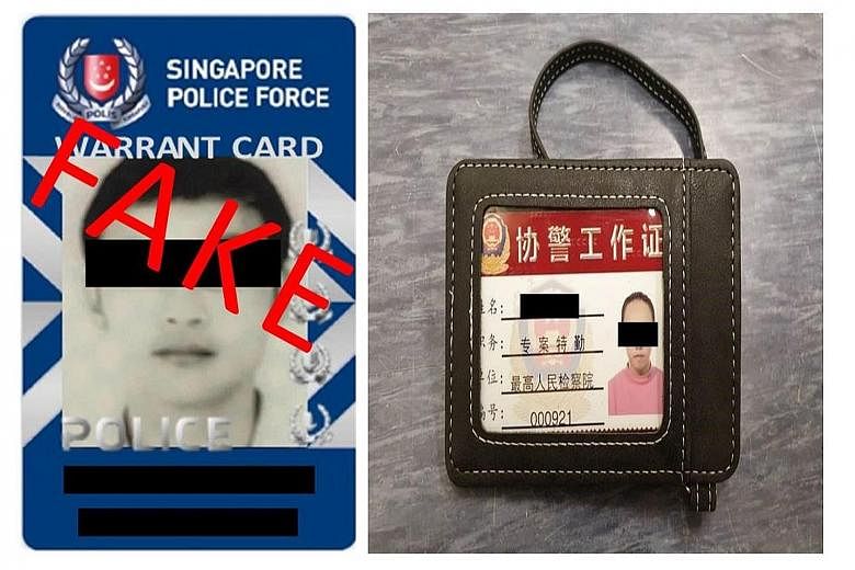 The scammers had fake identification cards (above) to pretend that they were from organisations such as the Singapore Police Force, the Chinese police and Interpol. They also delivered "official investigation documents" (left) to convince victims the