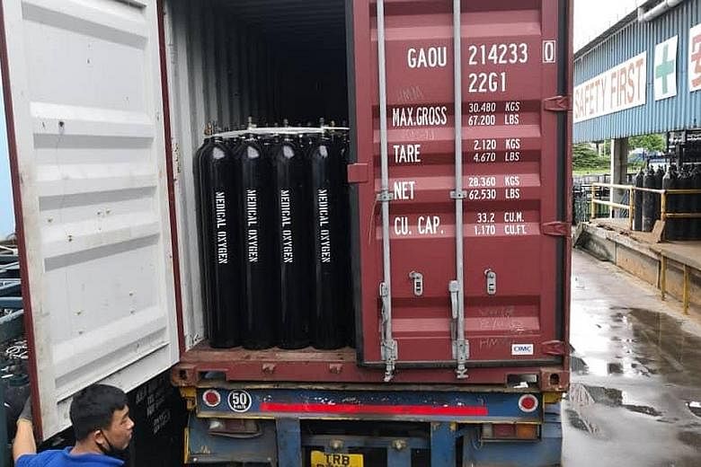 The Pan Indian Institutes of Management Alumni has sourced 2,660 oxygen cylinders for India, which left Singapore yesterday and are expected to reach Chennai next Saturday. PHOTO: CHEM GAS