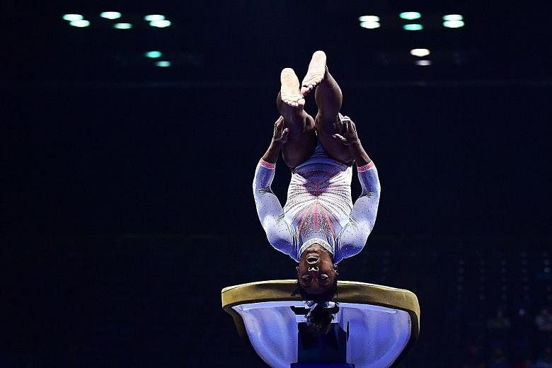Simone Biles executing the Yurchenko double pike vault during the US Classic gymnastics competition on Saturday. She is the first woman to carry out this move in competition. The American already has four elements in the Women's Artistic Gymnastics C