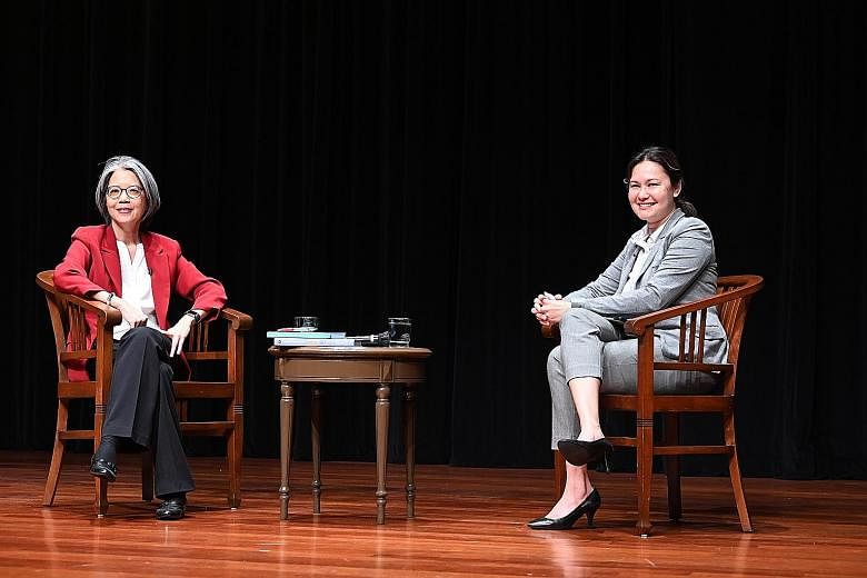 Executive director of Aware Corinna Lim (left) with moderator Eunice Olsen during a question-and-answer session yesterday at the third lecture of this year's Institute of Policy Studies-Nathan Lecture Series. In her lecture, Ms Lim focused on preconc