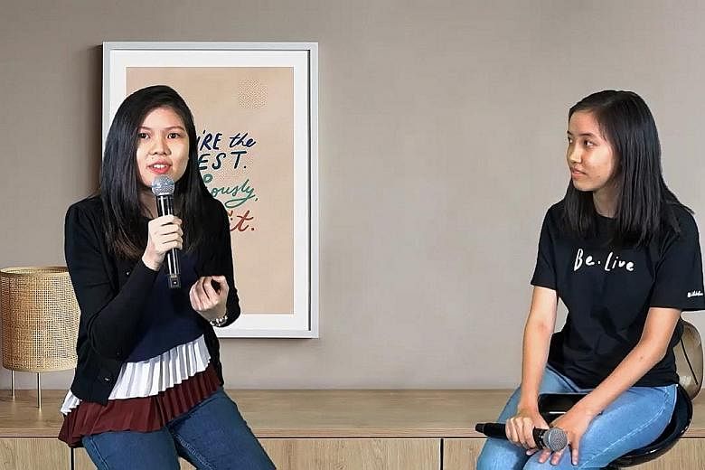 Ms Sophia Sng (far left) speaking at the FamChamps Be.Live Conference yesterday, with youth moderator Christie Lim, 19, facilitating the online discussion. The event was organised by community youth movement FamChamps, which aims to empower young peo