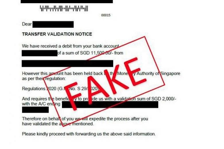 A sample of a fake letter purportedly from a bank. People were cheated of more than $200,000 by this new type of loan scam. PHOTO: SINGAPORE POLICE FORCE