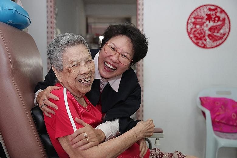Ms Ng Joon Lin, who works part-time caring for seniors, said her studies at Temasek Polytechnic allowed her to better understand the process of ageing and how to cater to the needs of her mother, Madam Oei Tjeng Nio, 87.