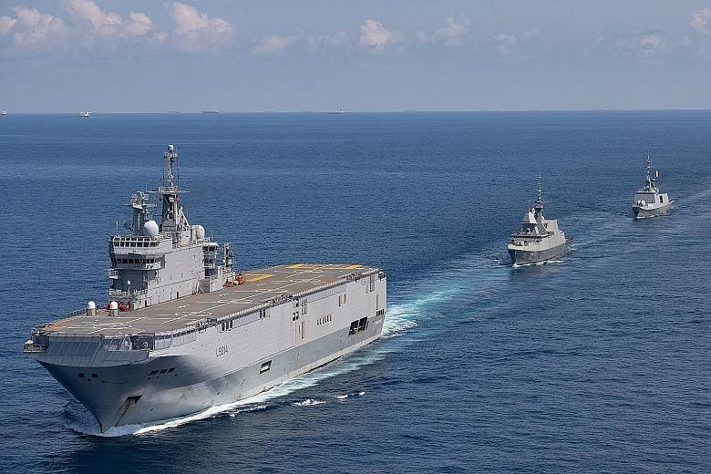 The LHD Tonnerre conducting a military exercise with the Republic of Singapore Navy and Air Force on Thursday. The French vessel is on a five-month mission to train its cadet officers to operate in unfamiliar areas.