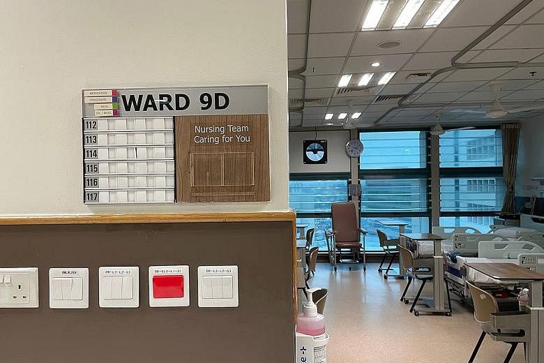 Ward 9D, the epicentre of the Covid-19 outbreak at Tan Tock Seng Hospital. The hospital cluster was one of two community clusters - the other being Changi Airport - where the B1617 variant had surfaced in Singapore. ST FILE PHOTO