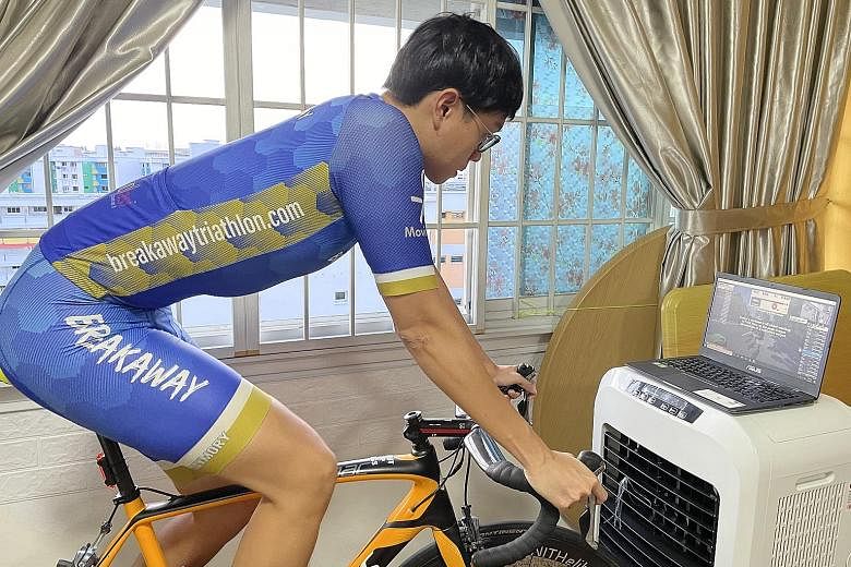 Breakaway co-founder Aw Yizhong in a virtual cycling training session that utilises the Zwift home cycling app.