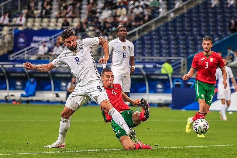 Olivier Giroud scoring the first of his two goals in France's win over Bulgaria in an international friendly on Tuesday. Antoine Griezmann netted the other in the 3-0 victory, a perfect warm-up for the world champions ahead of their opening Euro 2020