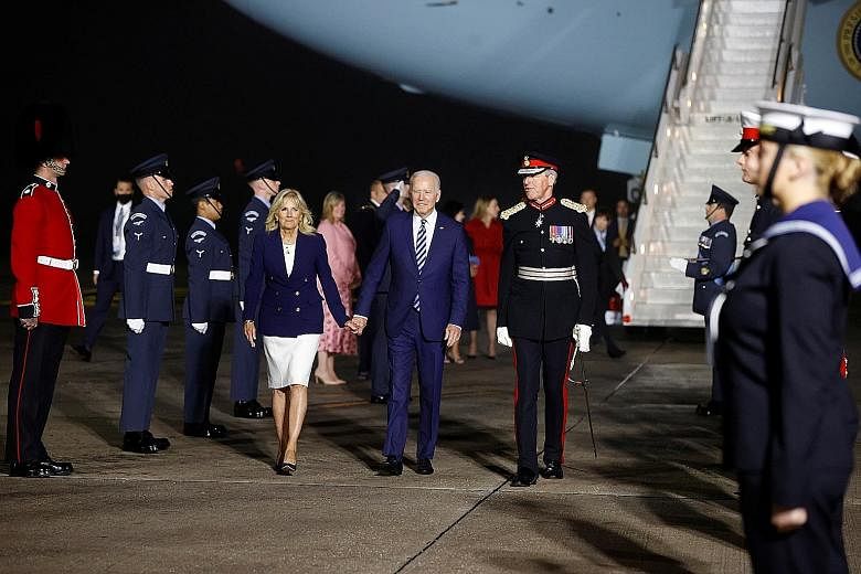 US President Joe Biden and First Lady Jill Biden arriving at Cornwall Airport Newquay in south-west England late on Wednesday.