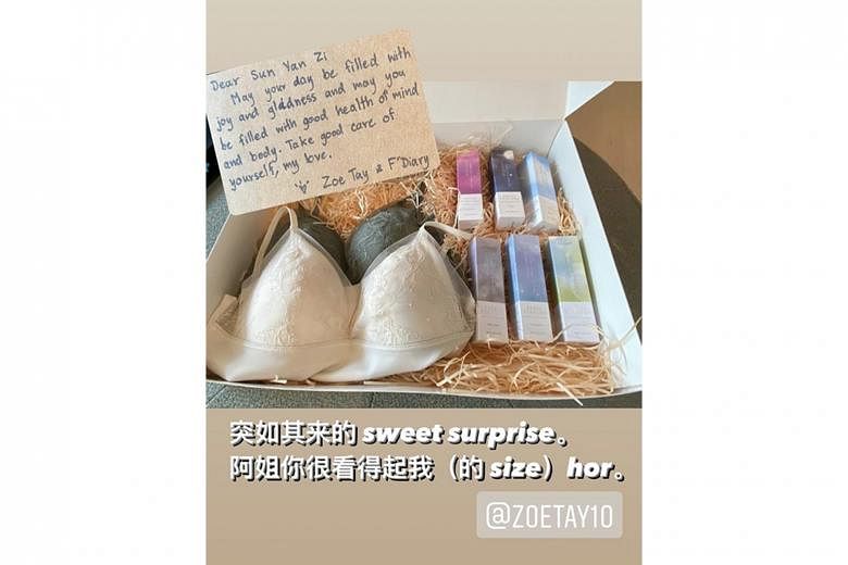 Singer Stefanie Sun posted a picture of the care package (above) sent by actress Zoe Tay.