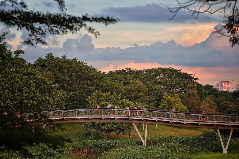 Infrastructure investments are critical to providing basic needs, says Ms Indranee Rajah. People exercising at Bishan Park. Singapore's efforts to provide basic infrastructure include aiming for every household to be within a 10-minute walk of a park