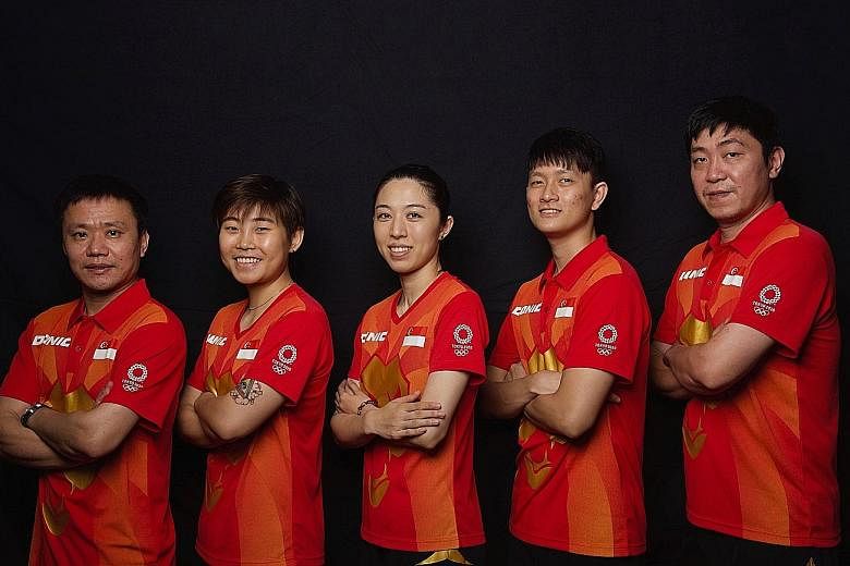 From left: National women's coach Hao Anlin, Lin Ye, Yu Mengyu, Clarence Chew and national men's coach Gao Ning. The team will train in Shimada, Japan until July 17 before the Olympics.