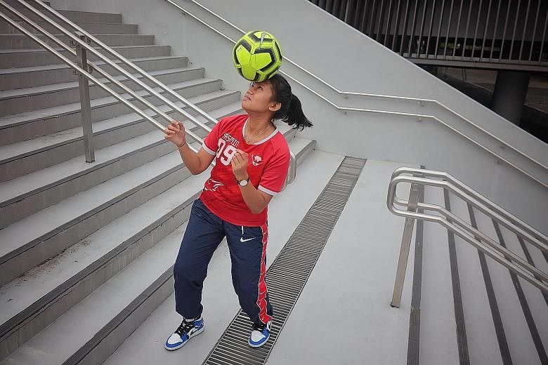 Yasmin Namira Mohammad Yusman, 19, loved football since she was young but picked up the sport only three years ago. Her experience at NYP and Ayer Rajah Gryphons helped earn her a football scholarship.