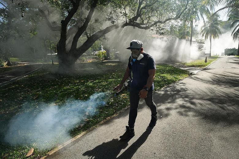 Mosquito fogging being carried out in Pasir Ris Town Park in March. New dengue strains can circulate more widely due to factors such as lower population immunity to the less common serotypes. Warmer and rainier weather can also lead to a rise in mosq