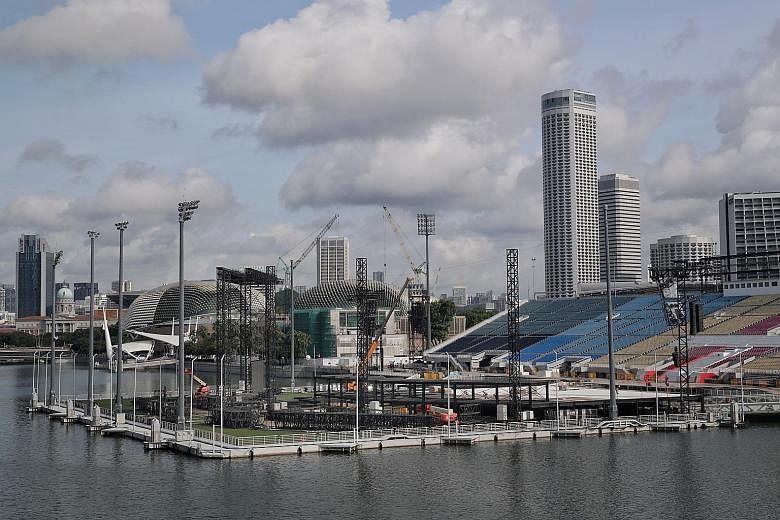 The Marina Bay floating platform being prepared early last month for this year's National Day Parade. ST PHOTO: GIN TAY