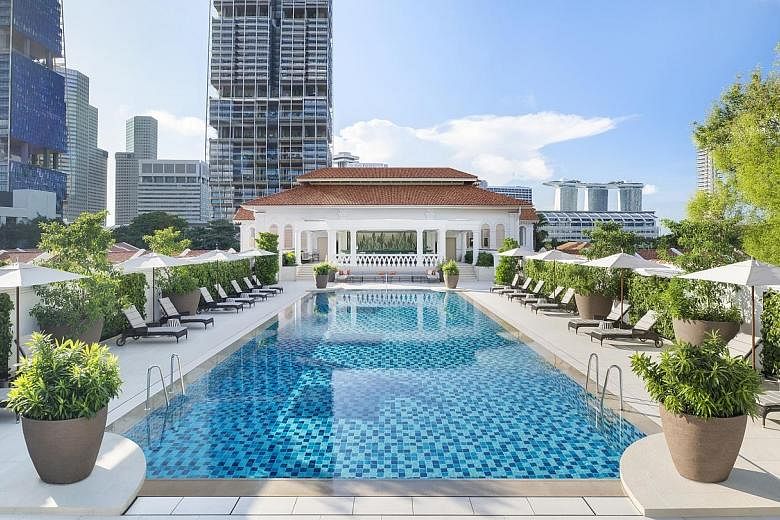 DayAway, a booking platform specialising in luxury hotel experiences, worked with Raffles Hotel Singapore to create the Sunrise Spa and Swim package, which includes two hours at the pool (top). The hotel's afternoon tea (above) was also popular durin