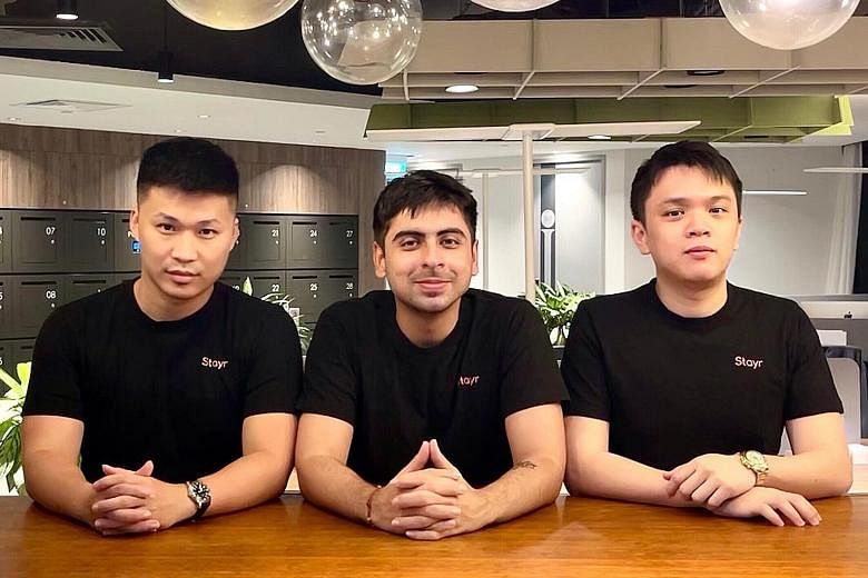 Stayr co-founders (above, from left) Toby Cai, Yoeven Khemlani and Xavier Wong. Their platform lets users book short daytime stays in hotels, workspaces and even yachts.