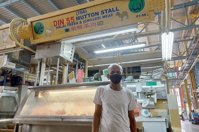 Above: A stall at a wet market in Teck Whye yesterday. People have been advised to avoid crowds at food centres and markets, visit during off-peak hours, and strictly observe safety measures. ST PHOTO: NG SOR LUAN Left: Mr Noor Abdul Aziz, 74, who se
