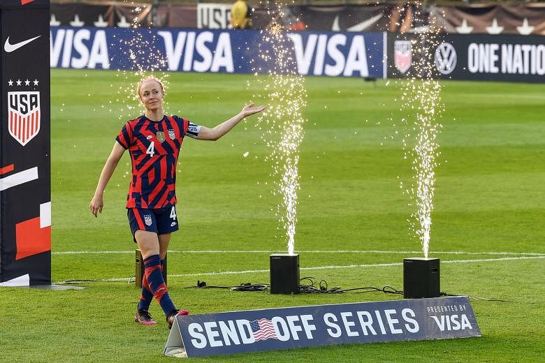 Defender Becky Sauerbrunn in high spirits after the United States thrashed Mexico 4-0 in their final warm-up game on July 5 in East Hartford, Connecticut. The team will open their Tokyo campaign on the back of a 44-match unbeaten streak, their second