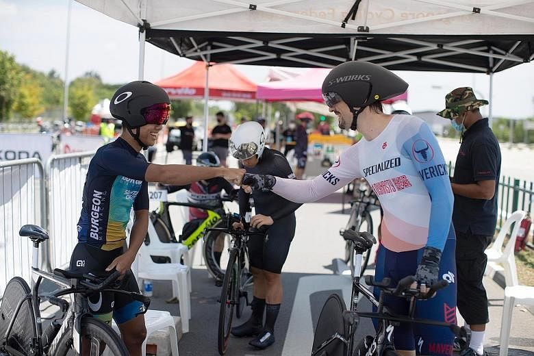 Left: Cyclists relished the rare chance to meet and compete amid the pandemic. Right: Yeo Boon Kiak, 33, and Luo Yiwei, 31, are the men's and women's national champions respectively.