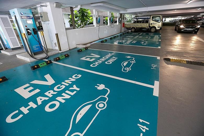 Electric vehicle charging spaces at the Singapore Zoo's multi-storey carpark. Take-up rates for private electric cars have been slow, in part due to the inconvenience of finding a charging point. ST FILE PHOTO