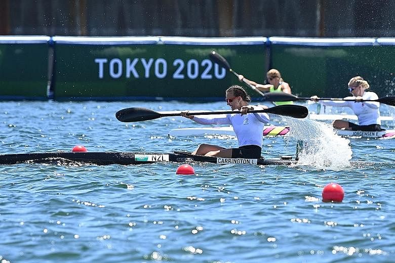 New Zealander Lisa Carrington powering to win the 200m single-kayak sprint, an event she has not lost since 2012. Barely an hour later, she partnered Caitlin Regal to win the double 500m race.