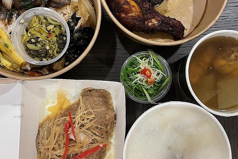 (Clockwise from top left) Wok-fried Sliced Beef With Ginger And Scallion Rice Bowl; Chef Sebastian's Signature Spice-Crusted Chicken; Wintermelon With Conpoy Soup; Sliced Beef With Ginger And Spring Onion Soy Dip congee; and Steamed Minced Chicken Pa
