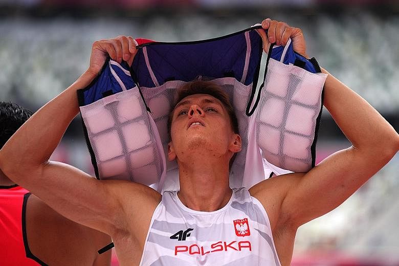 Top (from left): Estonian decathlete Maicel Uibo using an ice block to cool down; Polish pole vaulter Robert Sobera putting on an ice vest; and Serbia's Novak Djokovic resorting to ice and an air conditioner during his third-round tennis match. Above