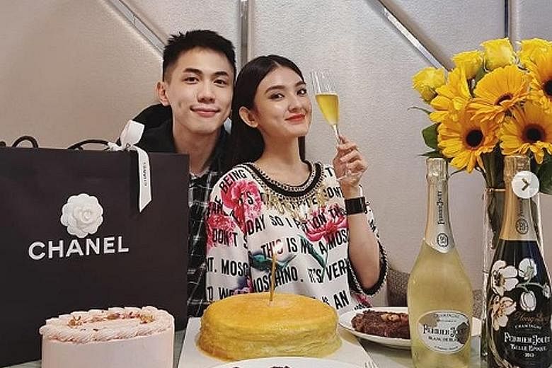Actress Hong Ling marks her 27th birthday with boyfriend Nick Teo, who cooked her a beef steak. Singer Hong Junyang (left) celebrates his 40th birthday with Mandopop star JJ Lin. (From left) Desmond Tan, Dennis Chew, Rui En and Chen Hanwei celebrate 