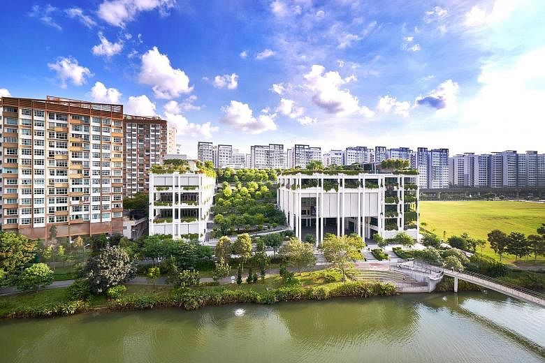 An artist's impression of Punggol town (above), which used urban environment modelling technology to simulate how environmental factors affect its design. Kampung Admiralty (left) integrates senior housing, medical care, retail, and food and beverage