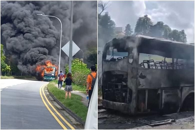 Un bus prend feu devant le crématorium de Mandai