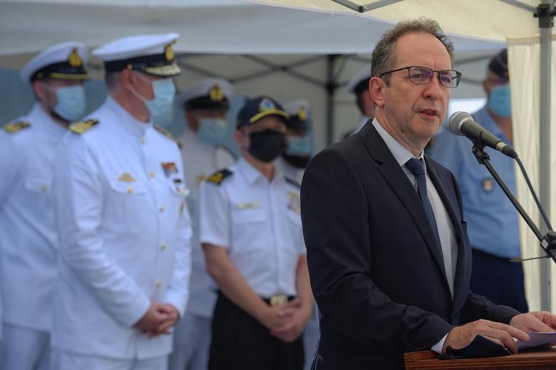German ambassador to Singapore, Dr Norbert Riedel, speaks while aboard the Frigate FGS Bayern F217 at the Changi Naval Base on Dec 21.