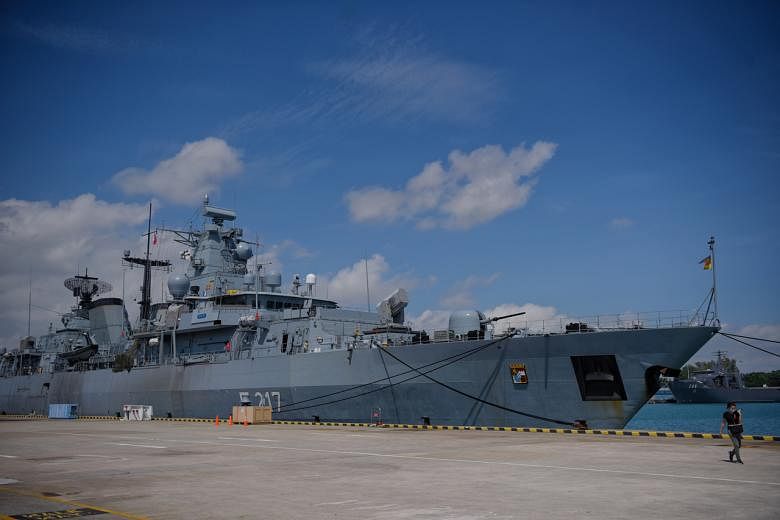 The Frigate FGS Bayern F217 while it docks at the Changi Naval Base on 21 December, 2021.