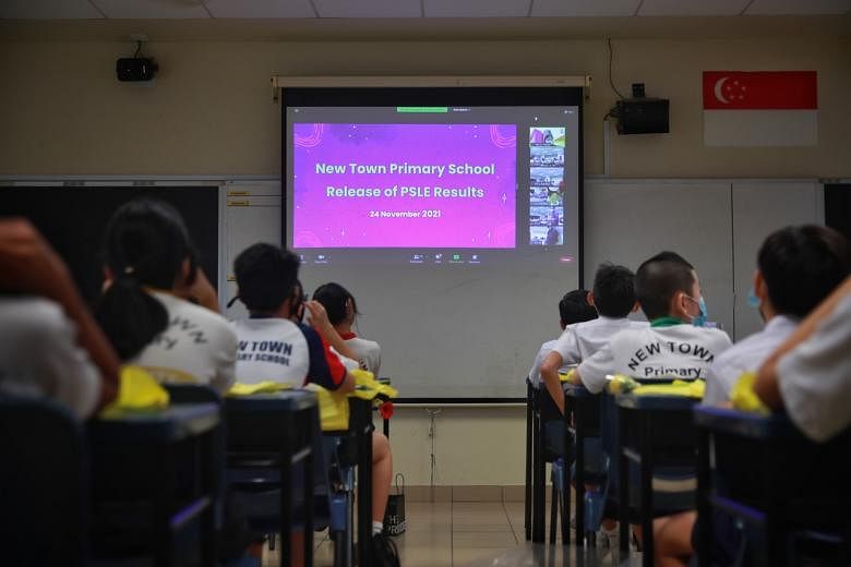 New Town Primary pupils waiting for their PSLE results on Nov 24, 2021. More than 90 per cent of this year's cohort was posted to a secondary school in their six listed choices.