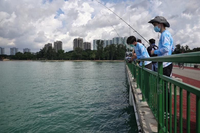Members of the non-profit group Marine Stewards (in blue) carrying out sustainable fishing at Bedok Jetty, on Nov 23, 2021.