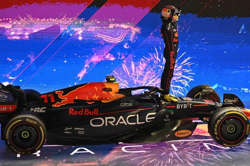 Sergio Perez celebrates victory at the 2022 Singapore Grand Prix