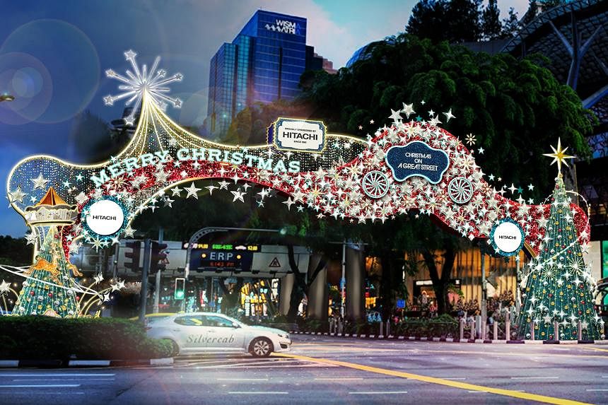 SINGAPORE - NOVEMBER 17, 2015: Day View Of Christmas Decoration At Singapore  Orchard Road. The Street With Colourful Christmas Trees, Bells, Baubles,  Ball, Ribbon, Star Dressed-up Shopping Centres. Stock Photo, Picture and