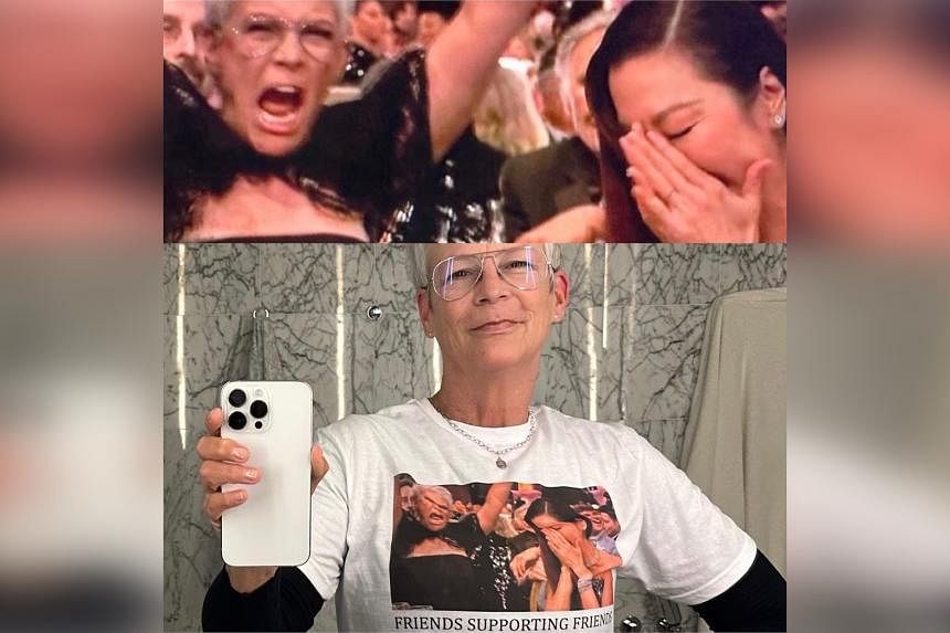 Jamie Lee Curtis shows off tee with viral image of her celebrating Michelle  Yeoh's Golden Globes win | The Straits Times