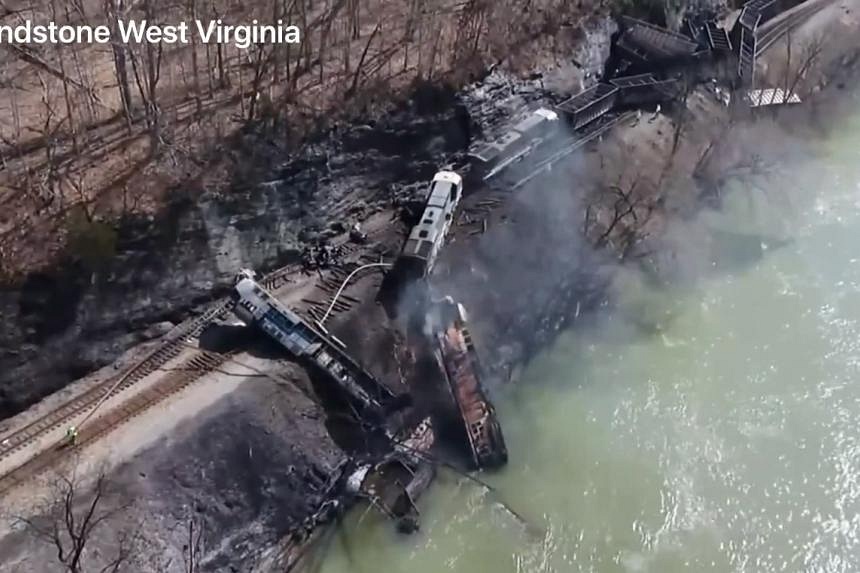 Freight Train Derails In West Virginia Spills Diesel Fuel Into Nearby