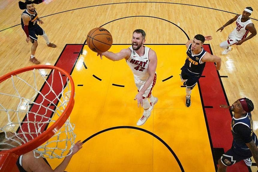 Miami Heat's Kevin Love during the first half of an NBA basketball