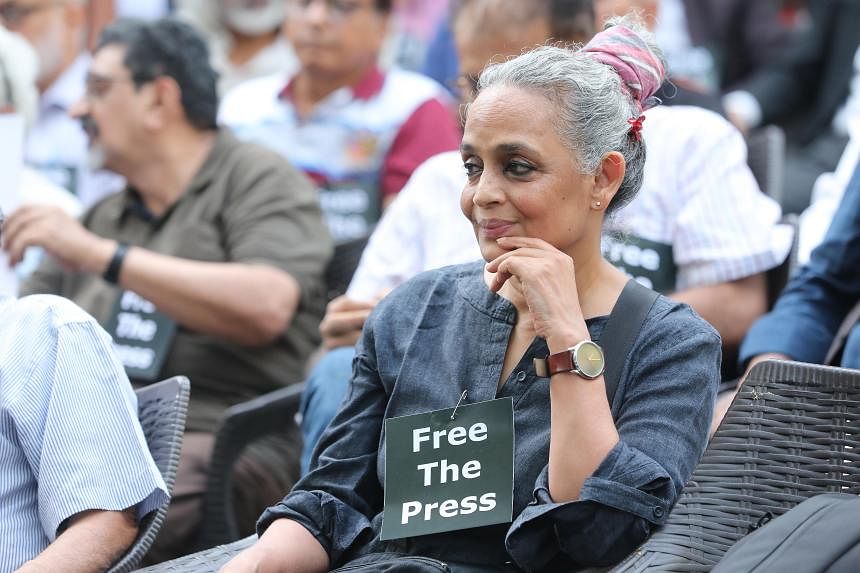 Arundhati Roy attending a protest last week at a club for journalists in New Delhi.Credit...Harish Tyagi/EPA, via Shutterstock