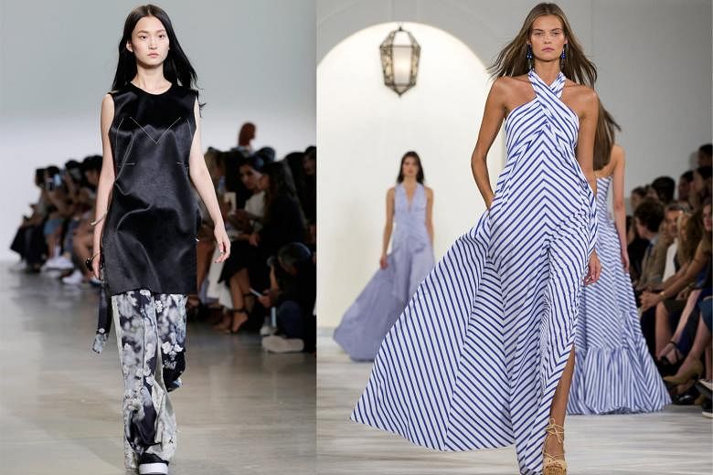 Calvin Klein's outfit (left) explores modern sensuality. Ralph Lauren's Riviera-inspired collection (left) has a timeless elegance. Models of the moment Bella Hadid (far right) and Kendall Jenner (right) at the Marc Jacobs show.