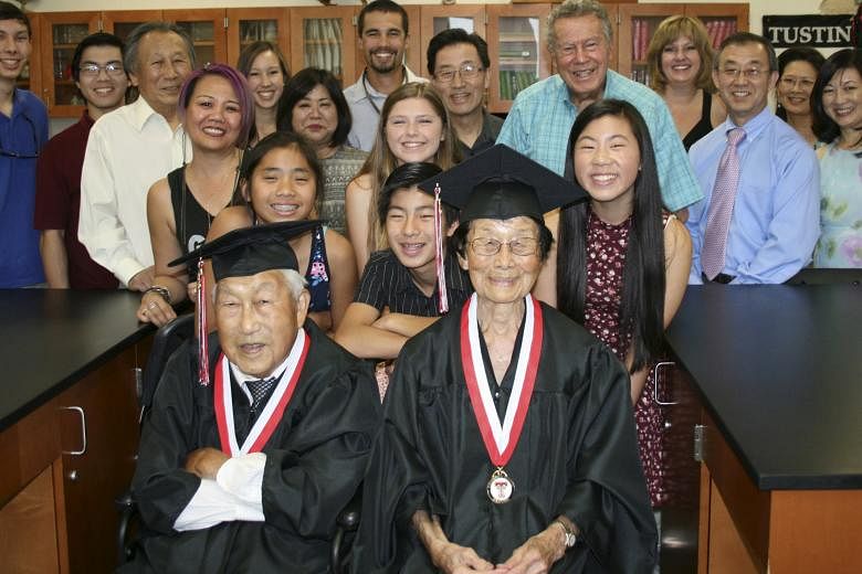 Mr and Mrs George Kaihara with family members in the Tustin High School Science Centre in California before the graduation ceremony. They could not graduate at the school 72 years ago as they were interned in an Arizona camp.