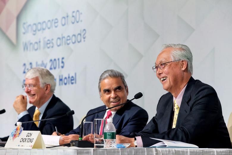 ESM Goh Chok Tong (right) said past general elections have shown Singaporean voters knew when and how to calibrate between showing approval and unhappiness towards the Government. He was speaking yesterday during a conference panel on effective gover