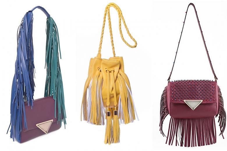 Sara Battaglia thinks fringes are the paragon of femininity. From far left: The Teresa shoulder ($1,950), the Jasmine ($1,700) and the Iman (price unavailable) are exclusive to the On Pedder Ngee Ann City store.
