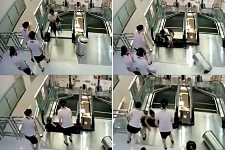 Security camera footage appears to show Ms Xiang Liujuan stepping off the mall escalator onto a metal panel, which gives way. Before she falls deeper into the pit, she raises her son up and he is grabbed by a mall employee. She is then dragged deeper