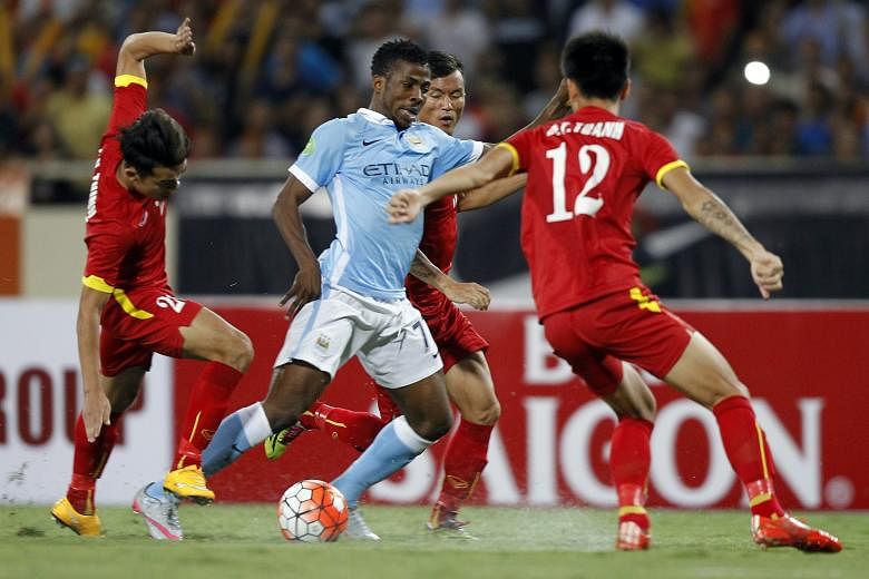 City's big signing Raheem Sterling giving the Vietnam defence plenty of problems. He scored a brace in their 8-1 friendly win in Hanoi last month.